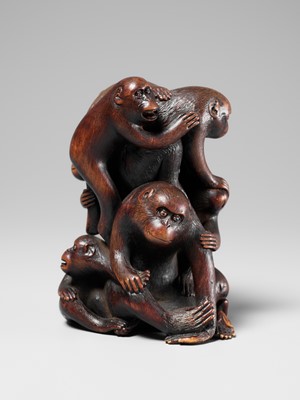 Lot 260 - A FINE WOOD OKIMONO DEPICTING A PILE OF MONKEYS