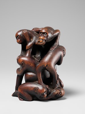 Lot 260 - A FINE WOOD OKIMONO DEPICTING A PILE OF MONKEYS