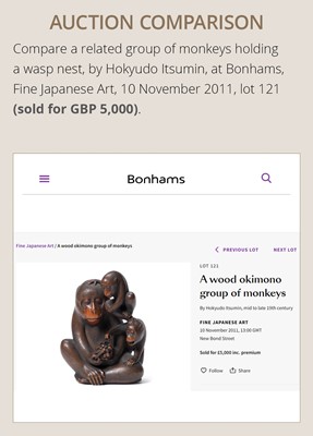 Lot 257 - AN AMUSING WOOD OKIMONO OF TWO MONKEYS WITH A WASP’S NEST, ATTRIBUTED TO HOKYUDO ITSUMIN