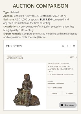 Lot 661 - A BRONZE FIGURE OF WENSHU (MANJUSHRI) ON A LION, LATE MING TO EARLY QING DYNASTY