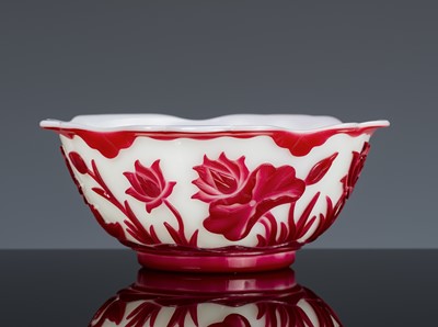 Lot 273 - A RUBY-RED OVERLAY ‘LOTUS POND’ GLASS BOWL, MID-QING DYNASTY