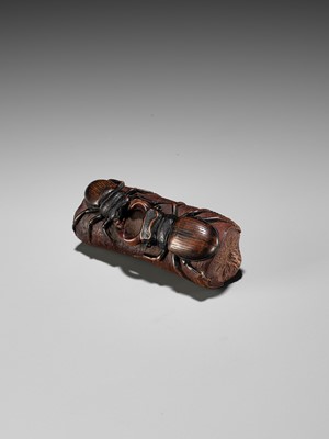 Lot 261 - MICHAEL WEBB: A WOOD NETSUKE WITH TWO FIGHTING STAG BEETLES, DATED 1987
