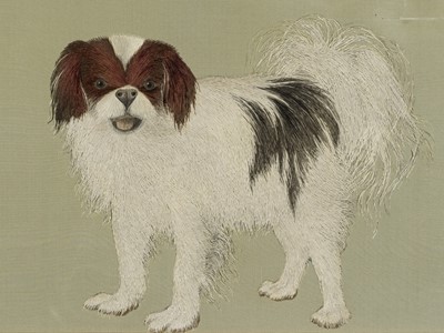 A FINE SILK EMBROIDERED PANEL DEPICTING A JAPANESE CHIN DOG