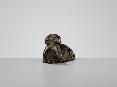 Lot 275 - MASAHIKO KATORI: A BRONZE OKIMONO OF A RECUMBENT RAM