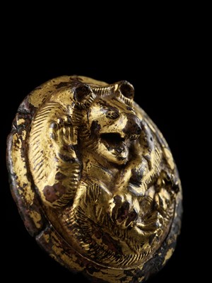 Lot 103 - A GILT BRONZE ‘BEAR’ WEIGHT, HAN DYNASTY, EX ADOLPHE STOCLET COLLECTION