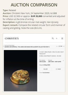 Lot 103 - A GILT BRONZE ‘BEAR’ WEIGHT, HAN DYNASTY, EX ADOLPHE STOCLET COLLECTION