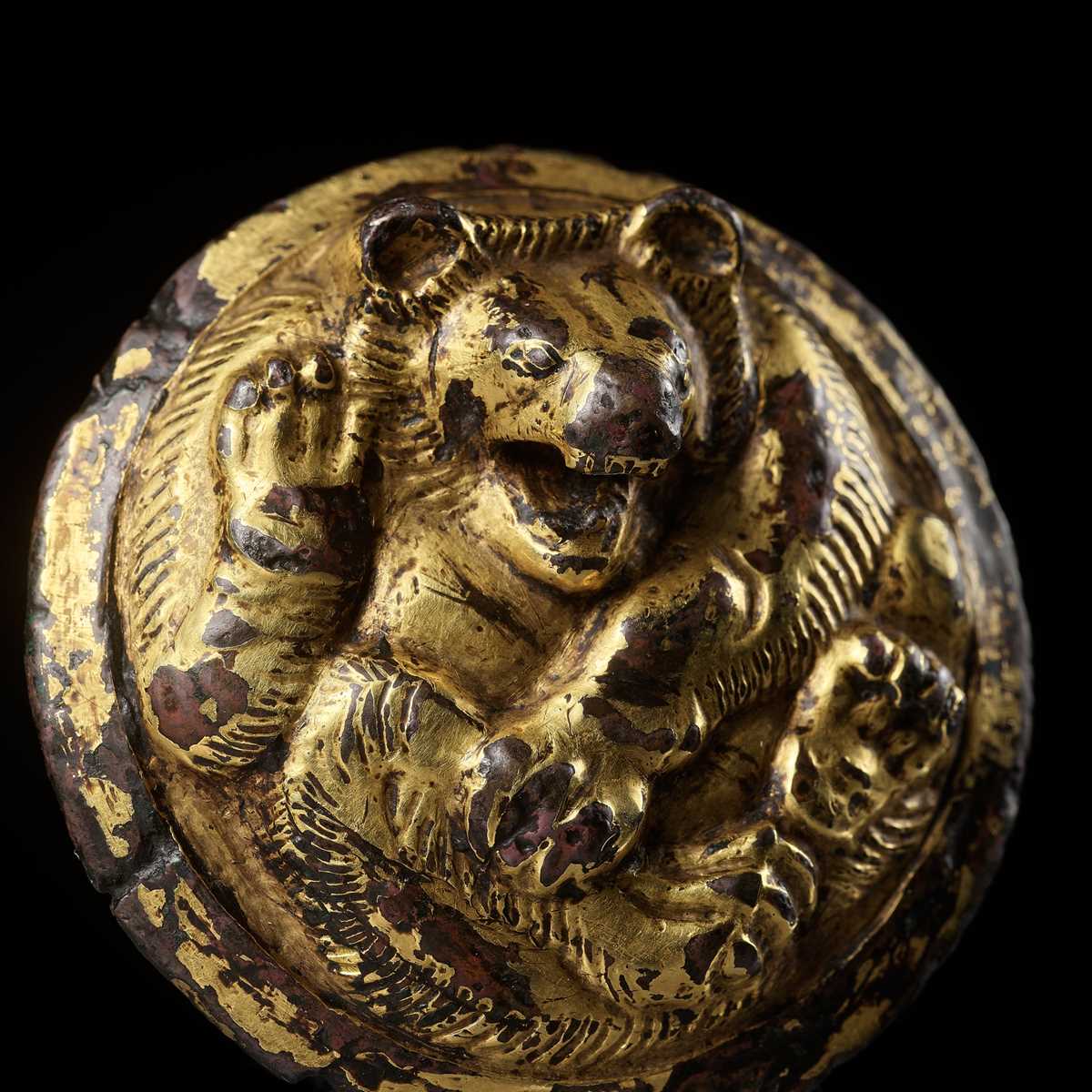 Lot 103 - A GILT BRONZE ‘BEAR’ WEIGHT, HAN DYNASTY, EX ADOLPHE STOCLET COLLECTION