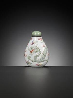 Lot 60 - A MOLDED AND CARVED ‘DRAGON’ FAMILLE ROSE PORCELAIN SNUFF BOTTLE, SIGNED LIQUAN, CHINA, 1853-1864