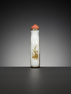 Lot 57 - AN INSCRIBED OVERLAY GLASS ‘CAT AND BUTTERFLY’ SNUFF BOTTLE, BY WANG SU, YANGZHOU SCHOOL, CHINA, 1820-1840