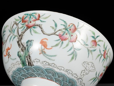 Lot 134 - A FAMILLE ROSE 'BATS AND PEACHES’ BOWL, GUANGXU MARK AND PERIOD