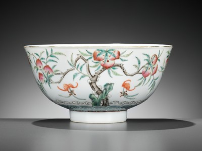 Lot 270 - A FAMILLE ROSE 'BATS AND PEACHES’ BOWL, GUANGXU MARK AND PERIOD