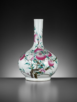 Lot 253 - A FAMILLE ROSE ‘NINE PEACHES’ BOTTLE VASE, QING DYNASTY