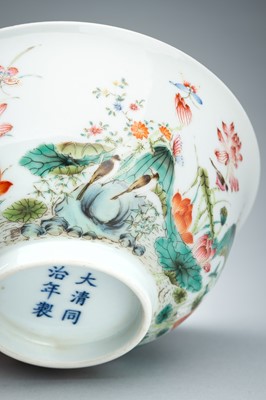 A FAMILLE ROSE ‘LOTUS POND’ PORCELAIN BOWL, TONGZHI MARK AND PERIOD