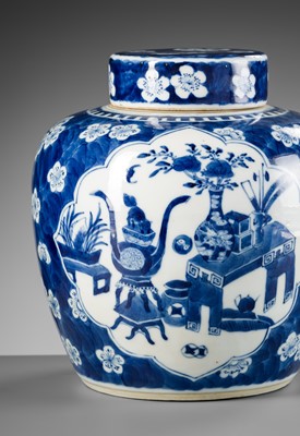 Lot 245 - A BLUE AND WHITE ‘HUNDRED ANTIQUES’ GINGER JAR AND COVER, 18TH – 19TH CENTURY