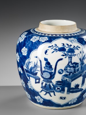 Lot 245 - A BLUE AND WHITE ‘HUNDRED ANTIQUES’ GINGER JAR AND COVER, 18TH – 19TH CENTURY