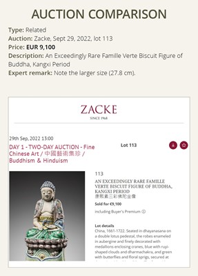 Lot 530 - A FAMILLE VERTE BISCUIT FIGURE OF BUDDHA, QING DYNASTY