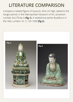 Lot 530 - A FAMILLE VERTE BISCUIT FIGURE OF BUDDHA, QING DYNASTY