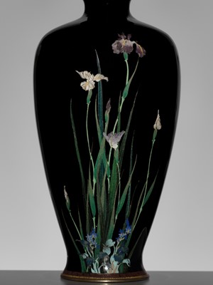Lot 124 - A MIDNIGHT-BLUE-GROUND CLOISONNÉ ENAMEL VASE WITH SHOBU (IRIS) AND KIKYO (CHINESE BELLFLOWER)