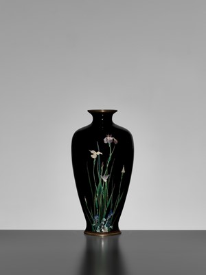 Lot 124 - A MIDNIGHT-BLUE-GROUND CLOISONNÉ ENAMEL VASE WITH SHOBU (IRIS) AND KIKYO (CHINESE BELLFLOWER)