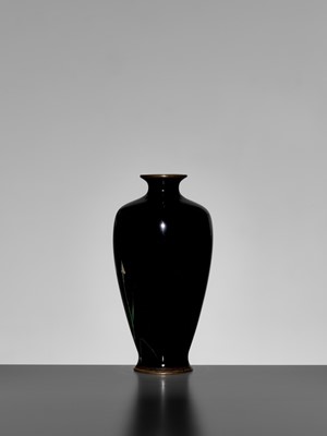 Lot 124 - A MIDNIGHT-BLUE-GROUND CLOISONNÉ ENAMEL VASE WITH SHOBU (IRIS) AND KIKYO (CHINESE BELLFLOWER)