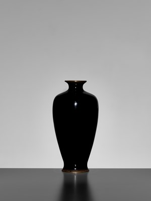Lot 124 - A MIDNIGHT-BLUE-GROUND CLOISONNÉ ENAMEL VASE WITH SHOBU (IRIS) AND KIKYO (CHINESE BELLFLOWER)