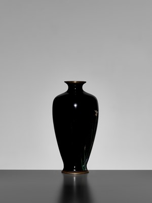 Lot 124 - A MIDNIGHT-BLUE-GROUND CLOISONNÉ ENAMEL VASE WITH SHOBU (IRIS) AND KIKYO (CHINESE BELLFLOWER)
