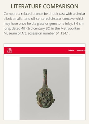 Lot 319 - A BRONZE BELT HOOK, EASTERN ZHOU DYNASTY
