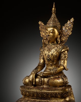 Lot 248 - A GILT-LACQUERED WOOD FIGURE OF BUDDHA SHAKYAMUNI, SHAN STATE, BURMA, LATE 18TH TO EARLY 19TH CENTURY