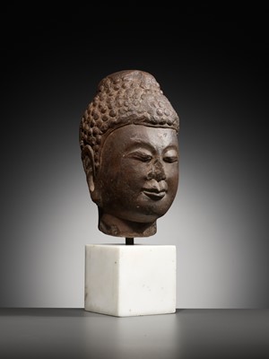 Lot 59 - A LIMESTONE HEAD OF BUDDHA, TANG DYNASTY, CHINA, 7TH - EARLY 8TH CENTURY