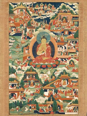 Lot 34 - AN EXCEPTIONALLY FINE THANGKA OF BUDDHA SHAKYAMUNI AND CLASSIC BUDDHIST TEACHING STORIES, NEW MENRI STYLE, TIBET, 18TH CENTURY