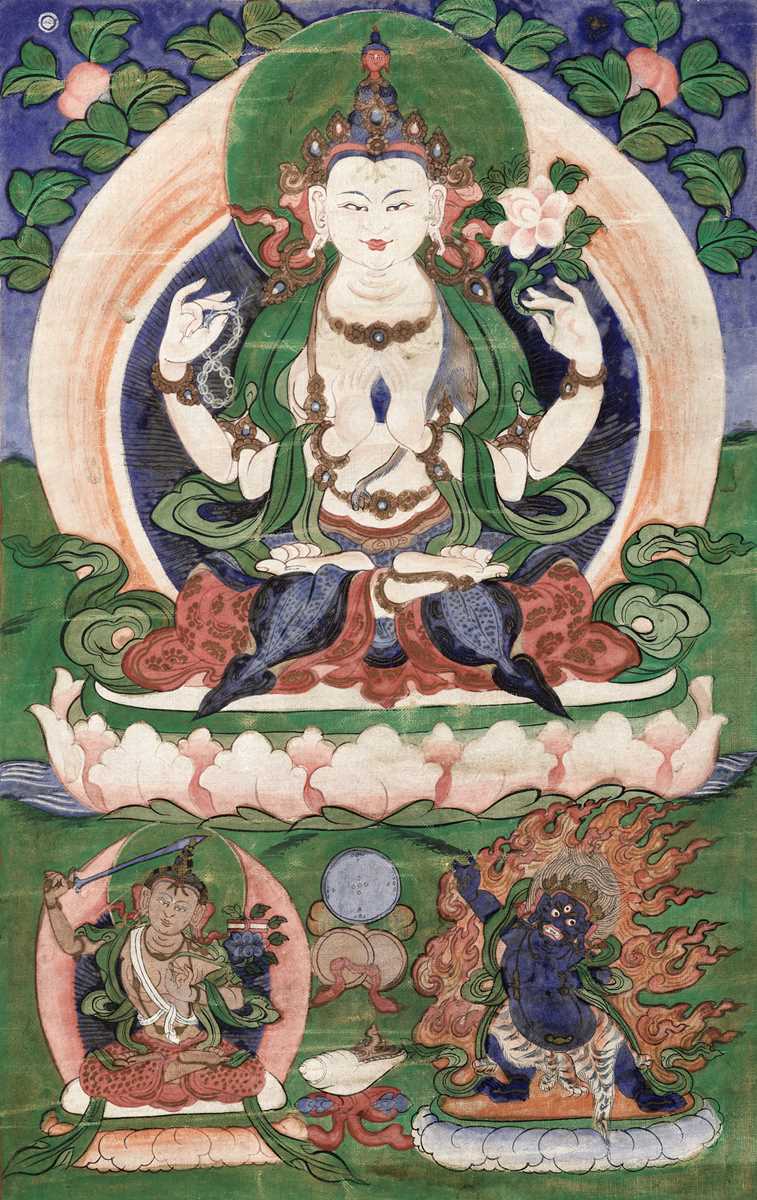 Lot 41 - A THANGKA OF CHATURBHUJA AVALOKITESHVARA, TIBET, 18TH-19TH CENTURY