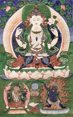 Lot 26 - A THANGKA OF CHATURBHUJA AVALOKITESHVARA, TIBET, 18TH-19TH CENTURY