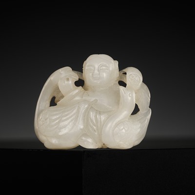 Lot 452 - A WHITE JADE CARVING OF A BOY WITH GEESE, CHINA, c. 1750-1850