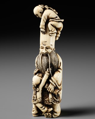 Lot 504 - SHOZAN: AN AMUSING IVORY NETSUKE OF FUKUROKUJU AND KARAKO