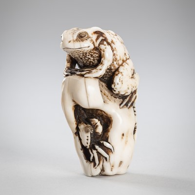 AN UNUSUAL IVORY NETSUKE OF A TOAD, CRAB AND LOTUS LEAF