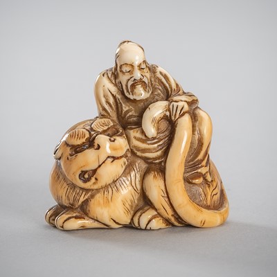 Lot 1489 - A FINE IVORY NETSUKE OF SENNIN BUNKAN ZENSHI