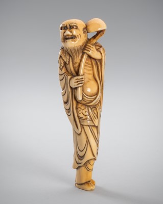 Lot 330 - A LARGE IVORY NETSUKE OF MOKI SENNIN