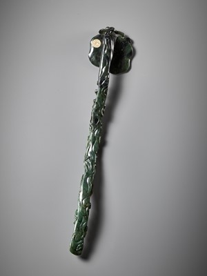 Lot 41 - A SPINACH-GREEN JADE ‘LINGZHI AND FINGER CITRON’ RUYI SCEPTER, CHINA, 18TH CENTURY