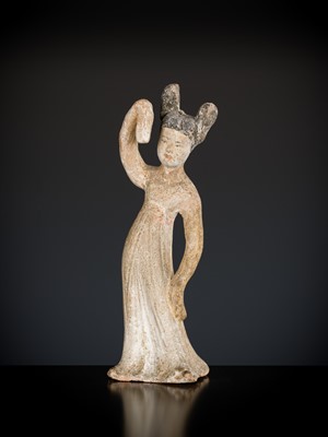 Lot 434 - A PAINTED POTTERY FIGURE OF A DANCING LADY, TANG DYNASTY