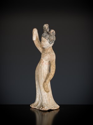 Lot 434 - A PAINTED POTTERY FIGURE OF A DANCING LADY, TANG DYNASTY