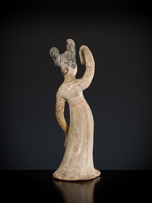 Lot 434 - A PAINTED POTTERY FIGURE OF A DANCING LADY, TANG DYNASTY