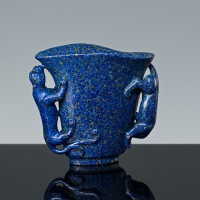 Lot 310 - A LAPIS LAZULI 'CHILONG' LIBATION CUP, LATE QING DYNASTY