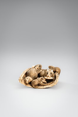 Lot 344 - IEKAZU: A CHARMING IVORY NETSUKE OF A GROUP OF RATS STEALING EDAMAME