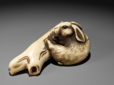 Lot 145 - A SUPERB OSAKA SCHOOL IVORY NETSUKE OF A RABBIT WITH TREE BRANCH