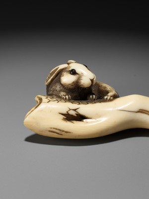 Lot 145 - A SUPERB OSAKA SCHOOL IVORY NETSUKE OF A RABBIT WITH TREE BRANCH