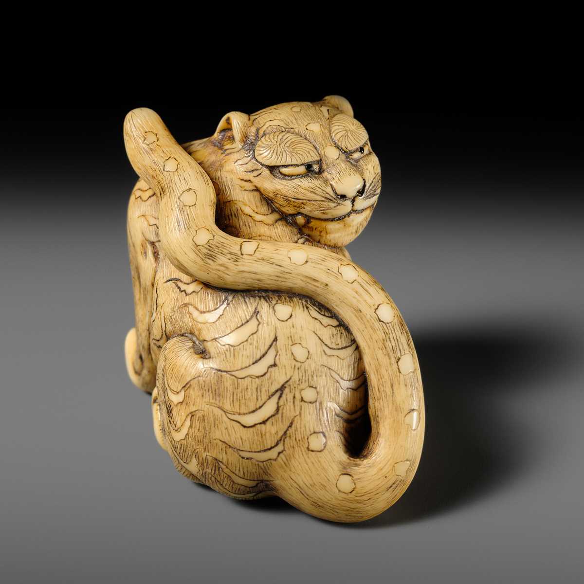 Lot 151 - A POWERFUL OSAKA SCHOOL IVORY NETSUKE OF A CROUCHING TIGER