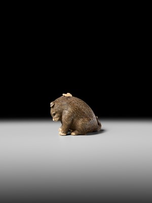 Lot 154 - RAKU: A SUPERB OSAKA SCHOOL IVORY NETSUKE OF A PUPPY AND BUTTERFLY