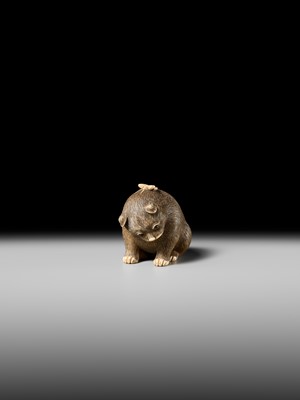 Lot 154 - RAKU: A SUPERB OSAKA SCHOOL IVORY NETSUKE OF A PUPPY AND BUTTERFLY