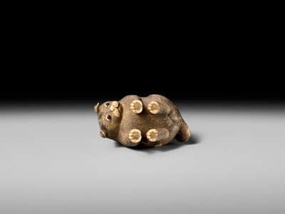 Lot 154 - RAKU: A SUPERB OSAKA SCHOOL IVORY NETSUKE OF A PUPPY AND BUTTERFLY