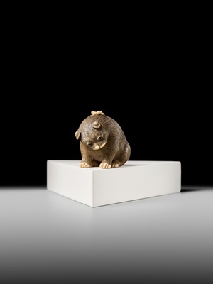 Lot 154 - RAKU: A SUPERB OSAKA SCHOOL IVORY NETSUKE OF A PUPPY AND BUTTERFLY
